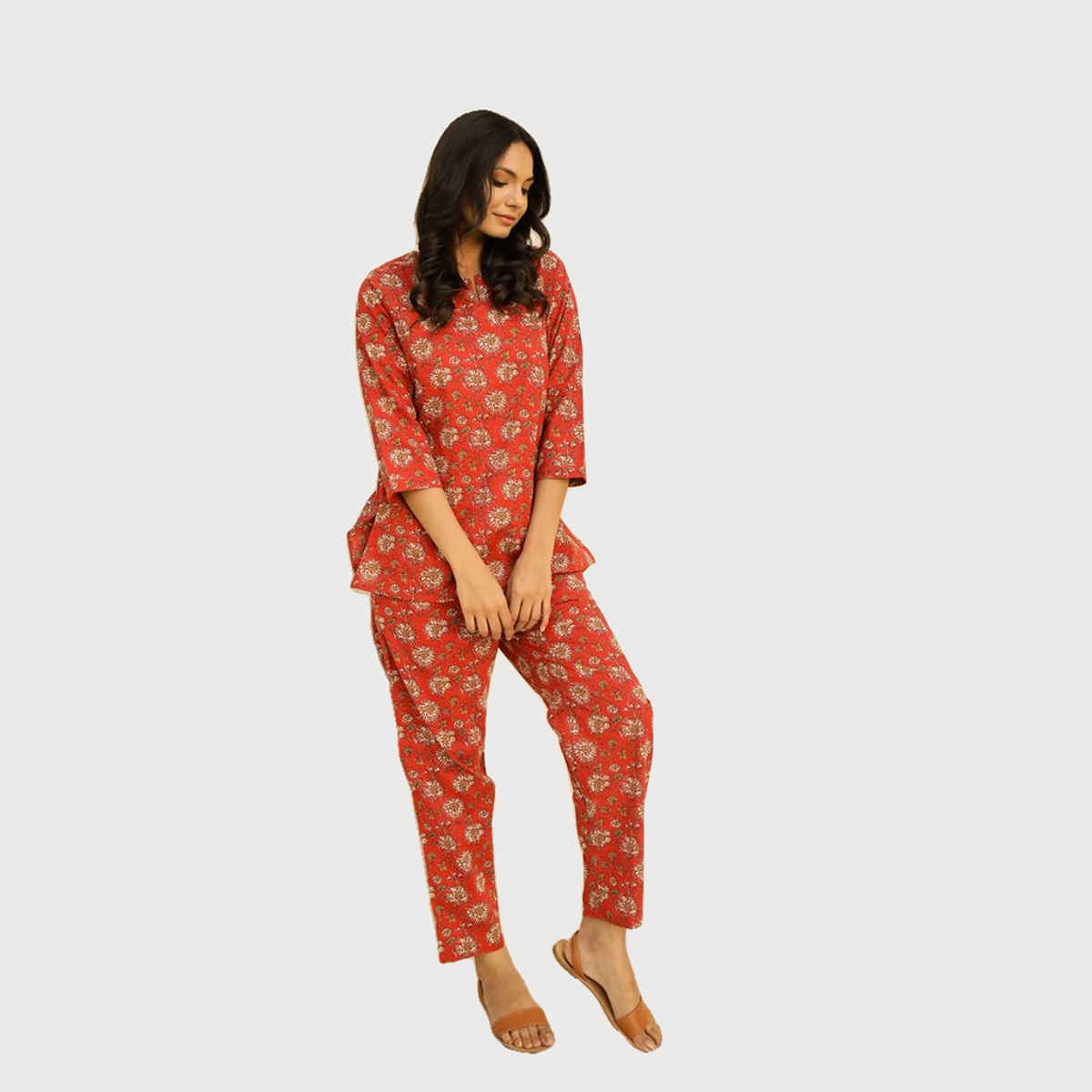 Sanskrutihomes Women's Printed Pure Cotton Night Suit | Red - M