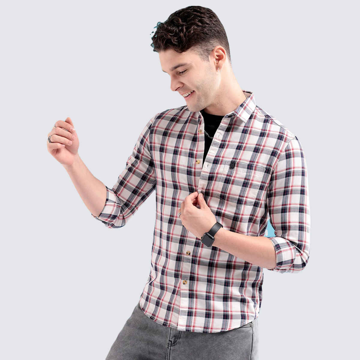 The Indian Garage Co Men's Regular Fit Checked Casual | White | XL