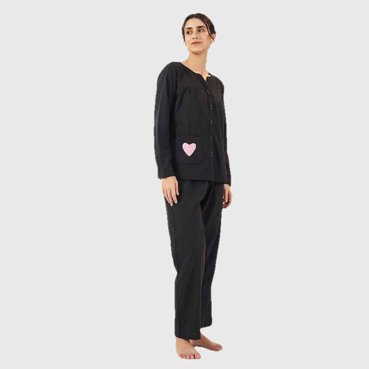 Sanskrutihomes Black Round Neck Pure Cotton Nightsuit | Black - M