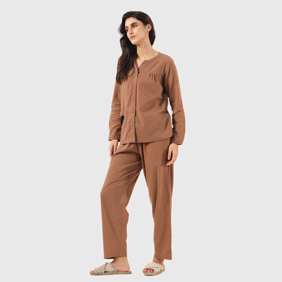 Sanskrutihomes Mandarin Collar Pure Cotton Night Suit | Brown - M