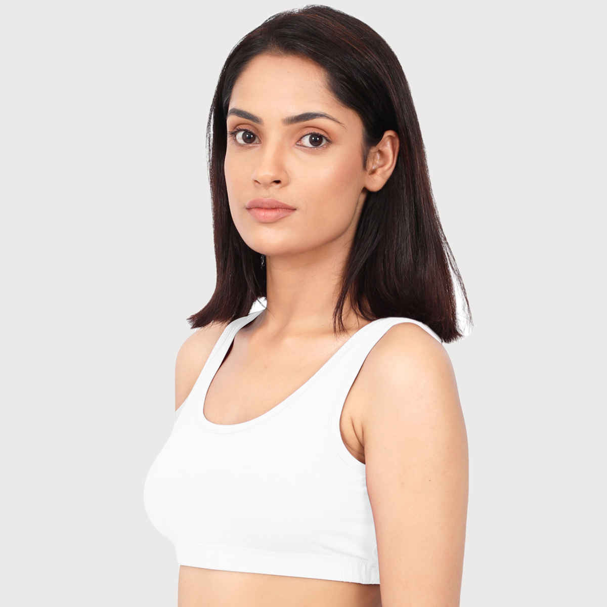 D'Chica Double-Layer Broad Strap Cotton Sports Bra | Non Padded | White | S