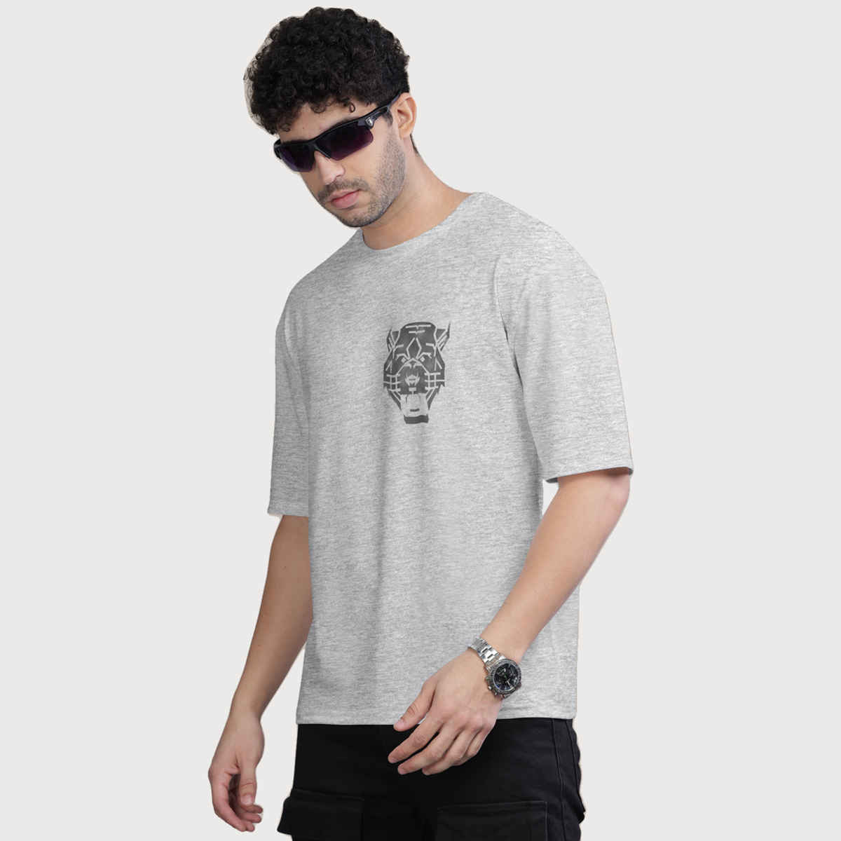 Bullmer Men's Oversized T-shirt Front and Back Printed | White Melange | XL