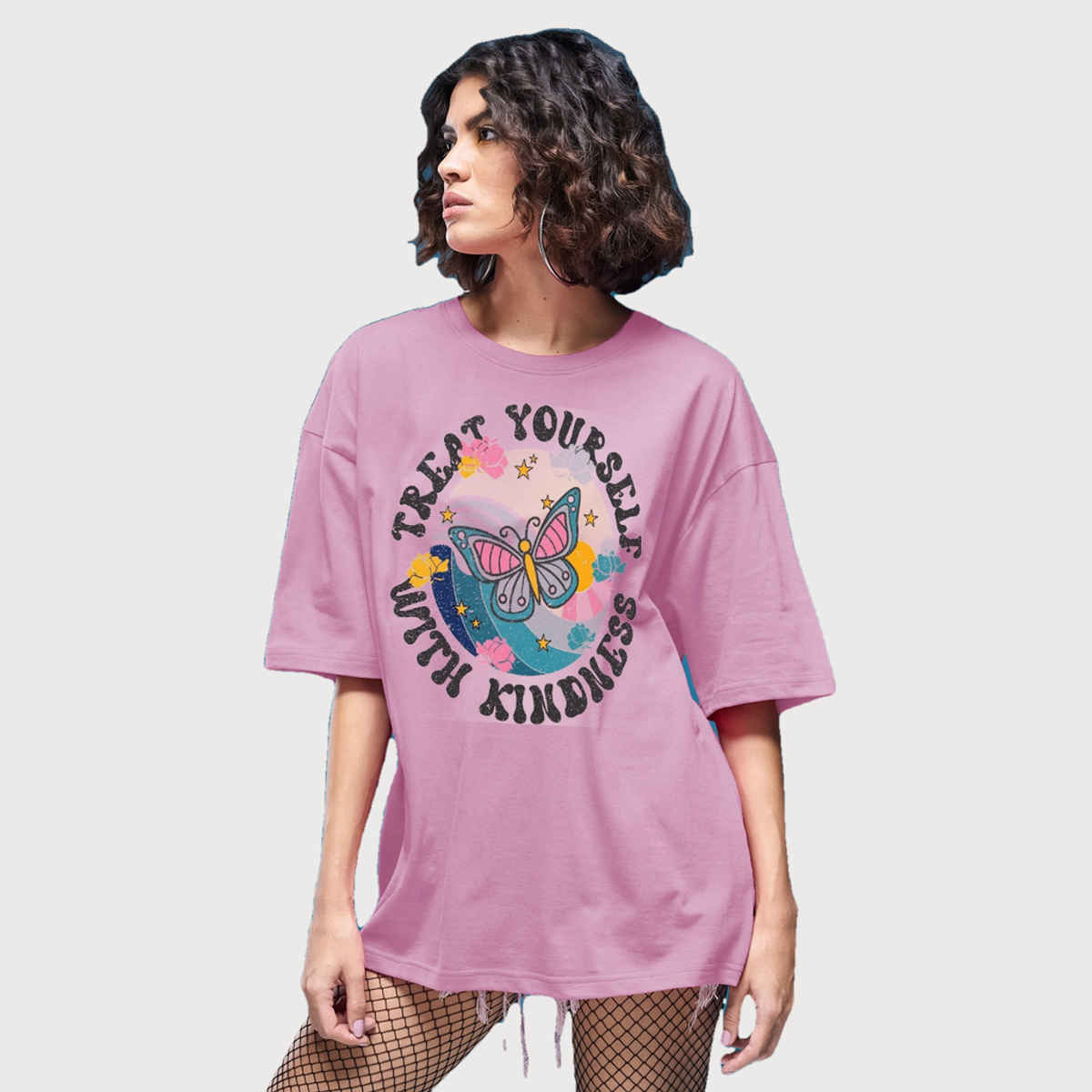 Smartees Women's Oversize Printed T-shirt | WW - 2057 | Pink - XL