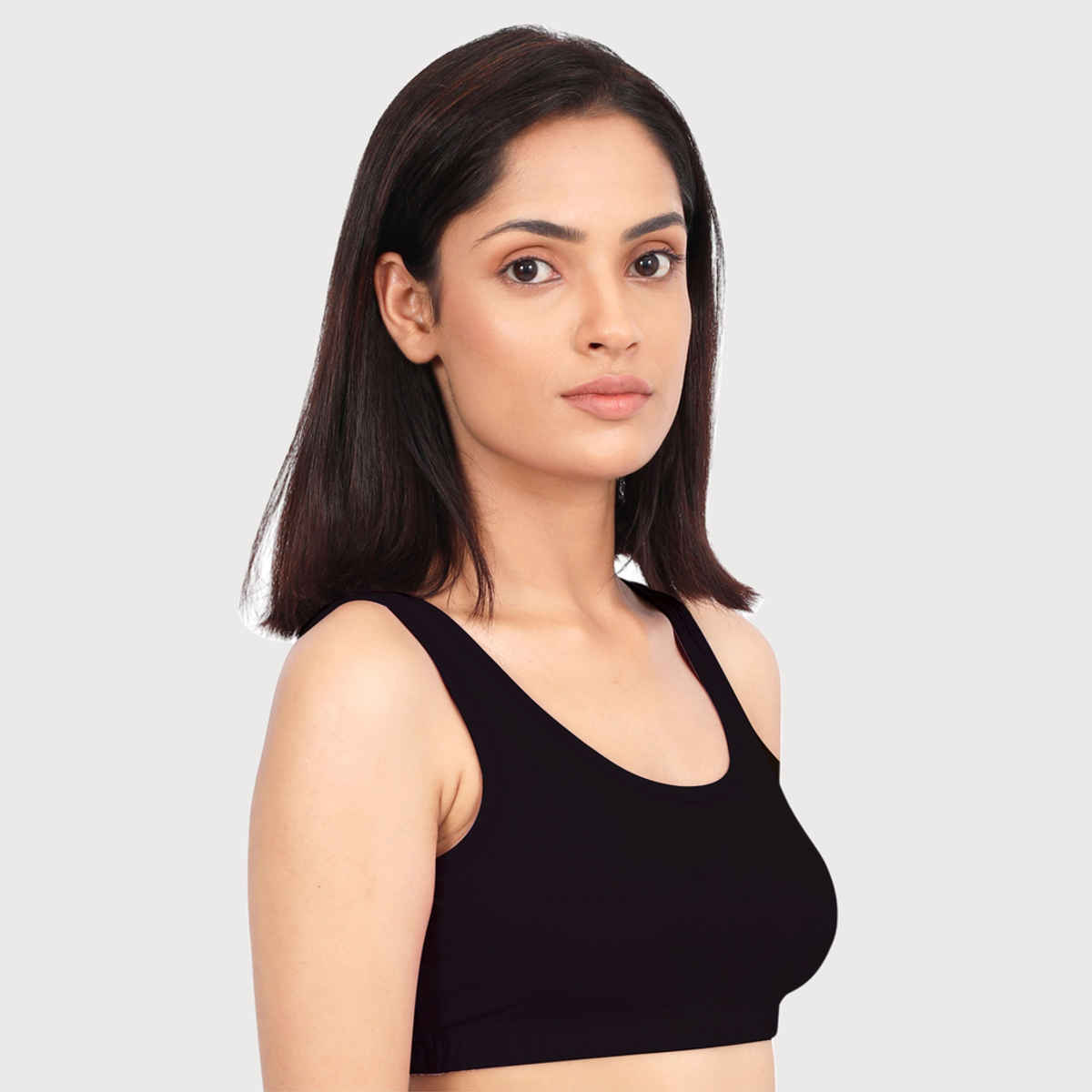 D'Chica Double-Layer Broad Strap Cotton Sports Bra | Non Padded Bra For Women's | Black | S