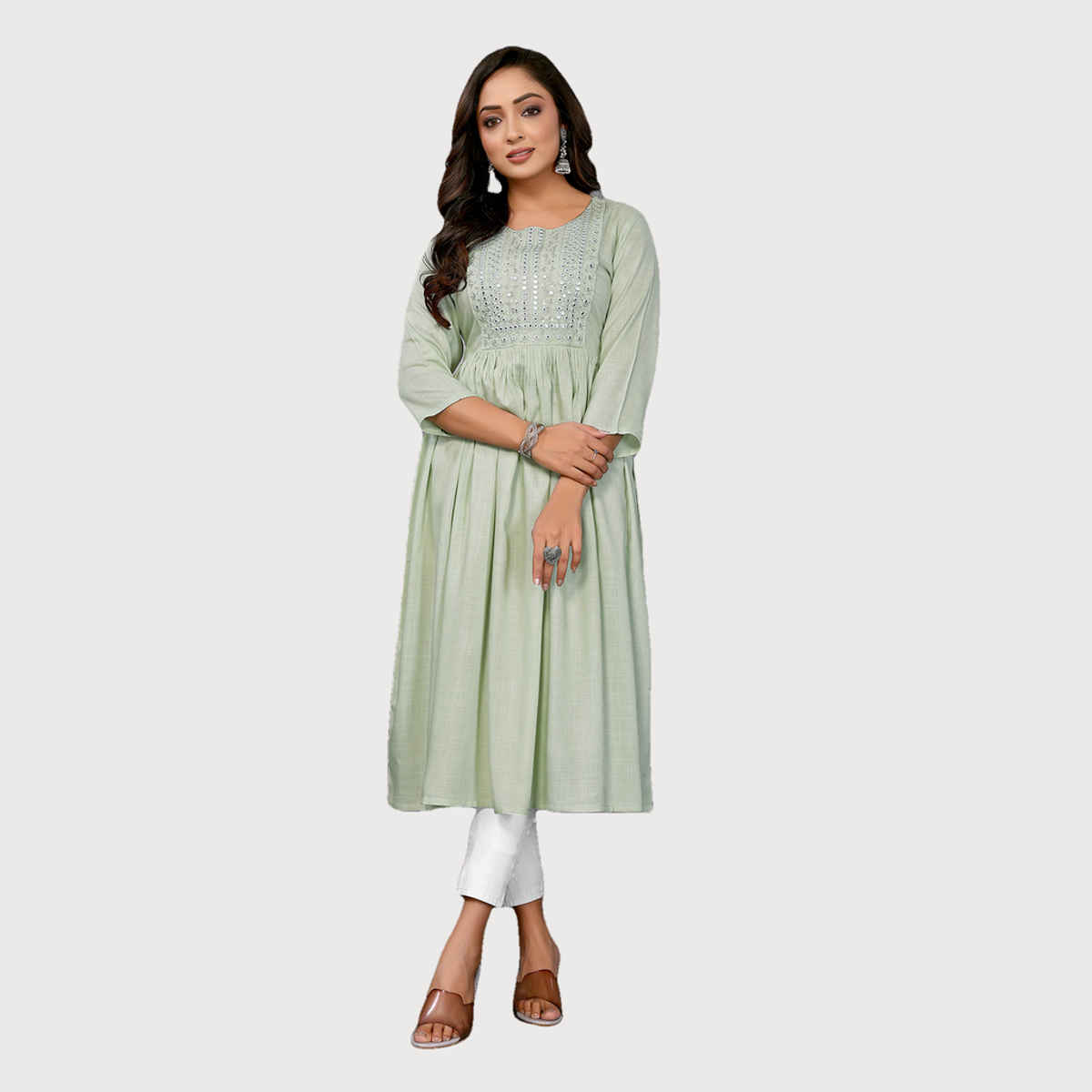 Rangita Women's Rayon Embroidered Flared Calf Length Kurta | Light Green - XL