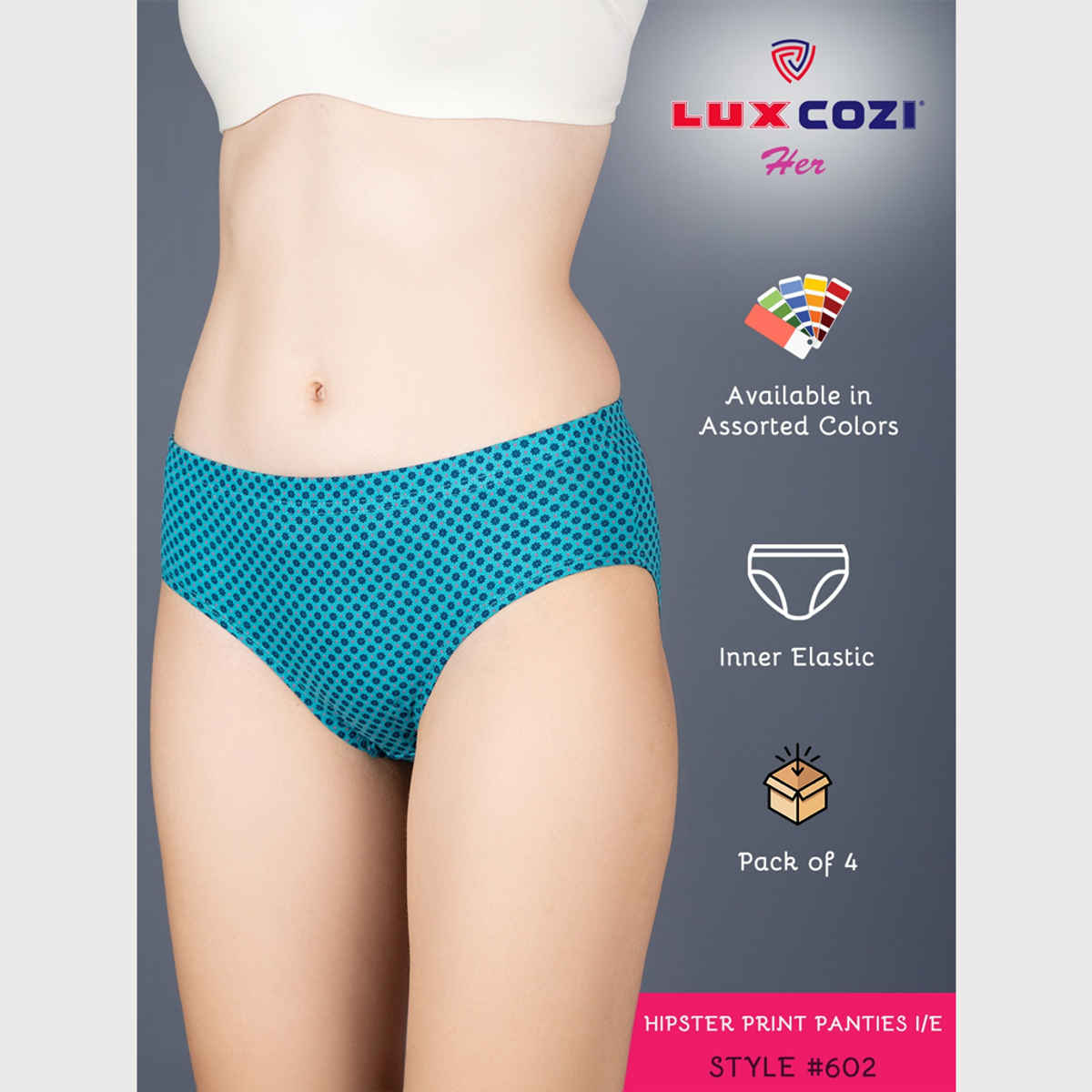 Lux Cozi Her Pure Cotton Hipster Printed Panty | Multicolor | Size-80 | Pack Of 4