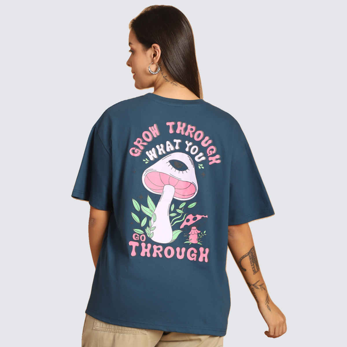 Fabflee Women Oversize Cotton Printed Round Neck Tshirt | Blue | FAB-OS-507 | XL