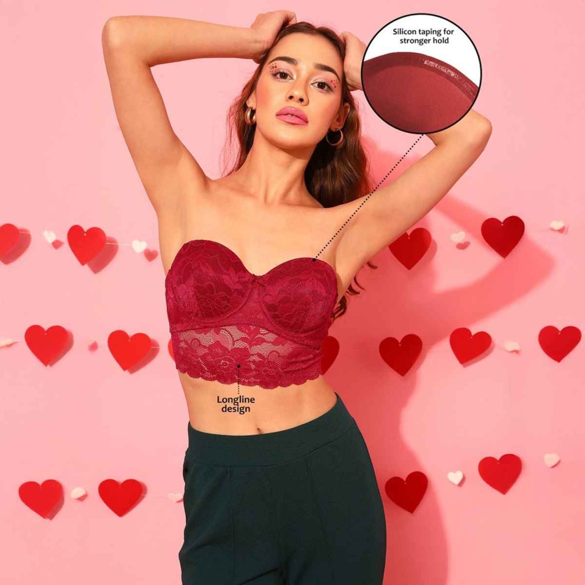 Clovia Women Padded Underwired Full Coverage Multiway Longline Bralette - Lace | Red | 34B