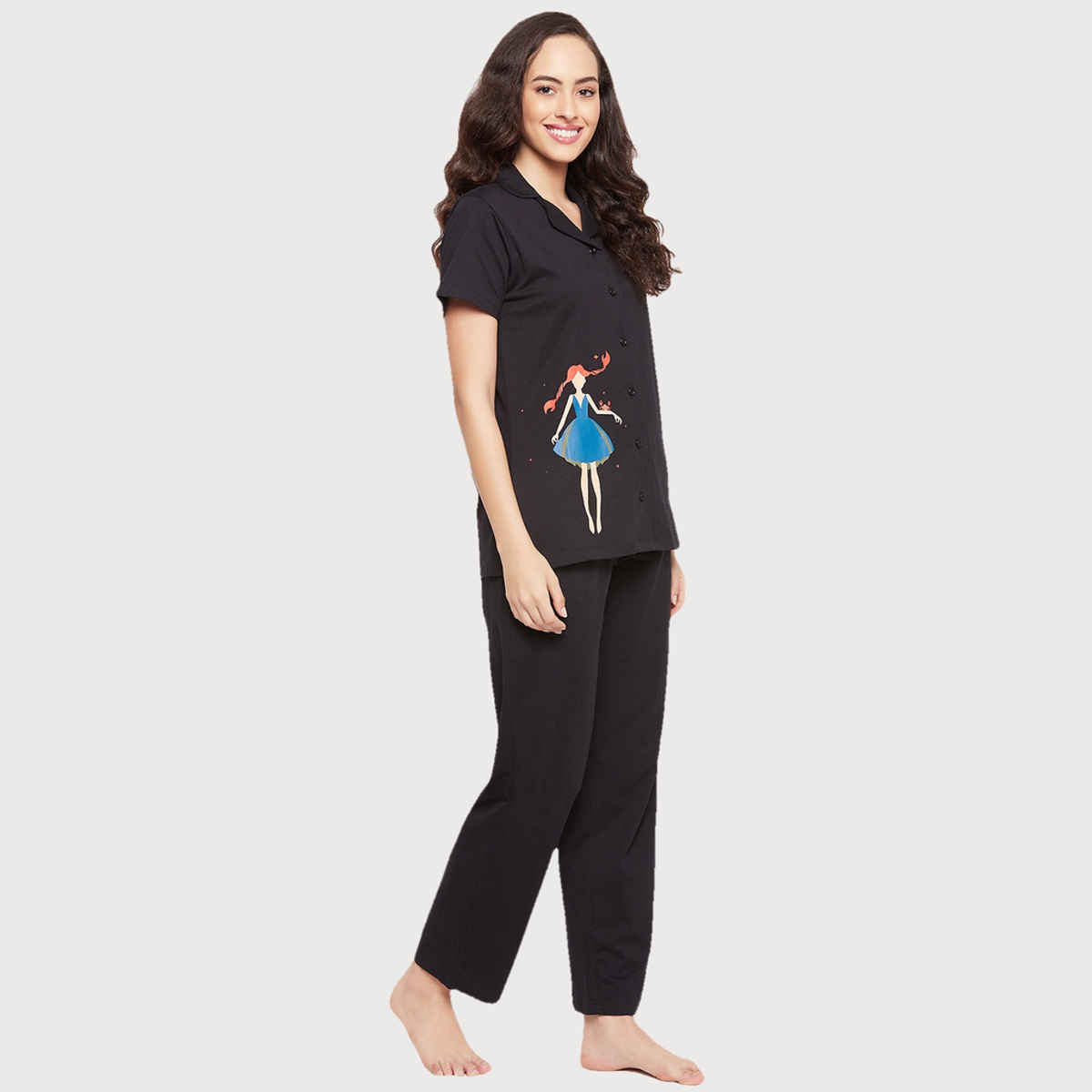 Clovia Cancer Print Button Down Shirt & Pyjama Set - 100% Cotton(Black - Xxl)