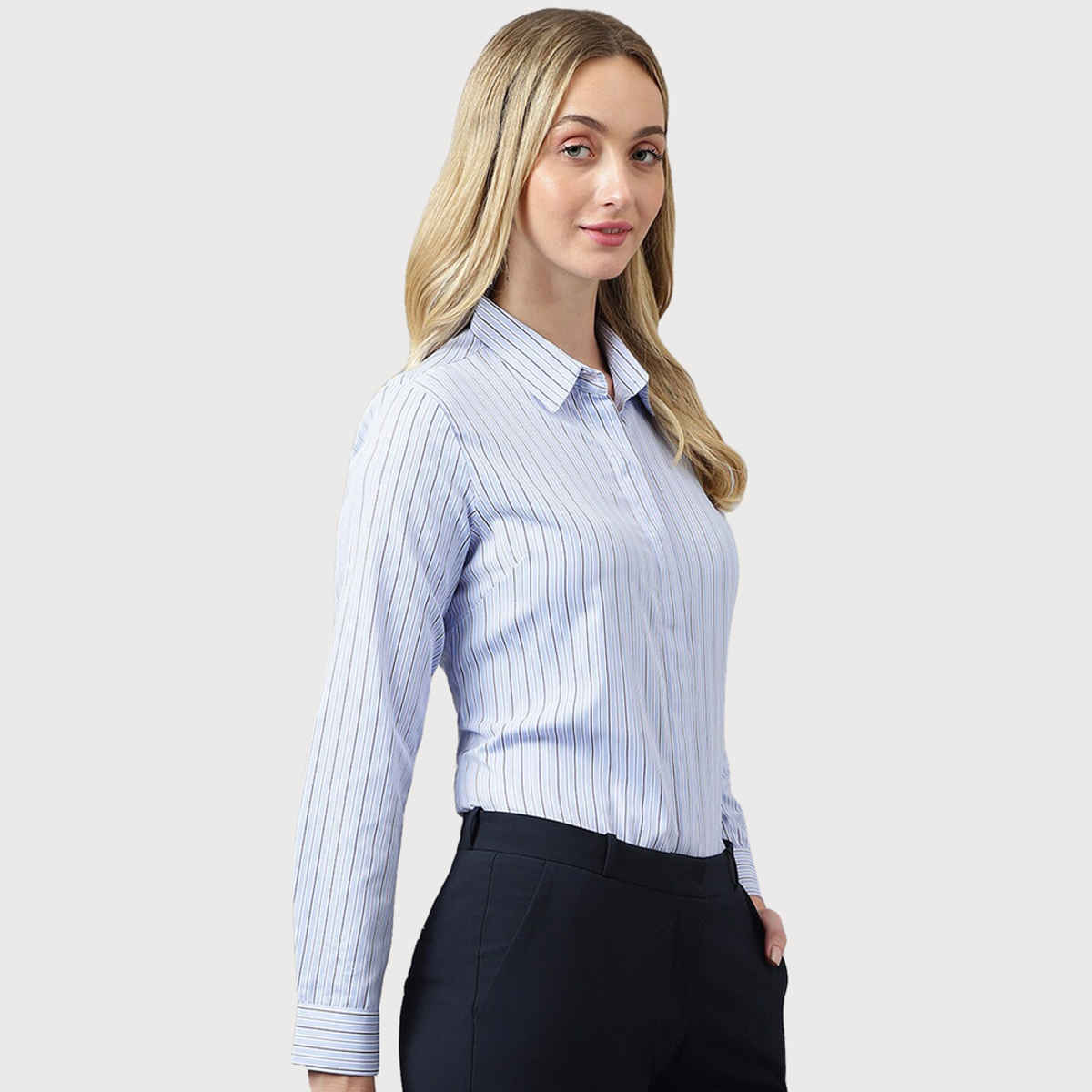 English Navy Women's Striped Regular Fit Cotton Blend Formal Shirt | Blue & White - M