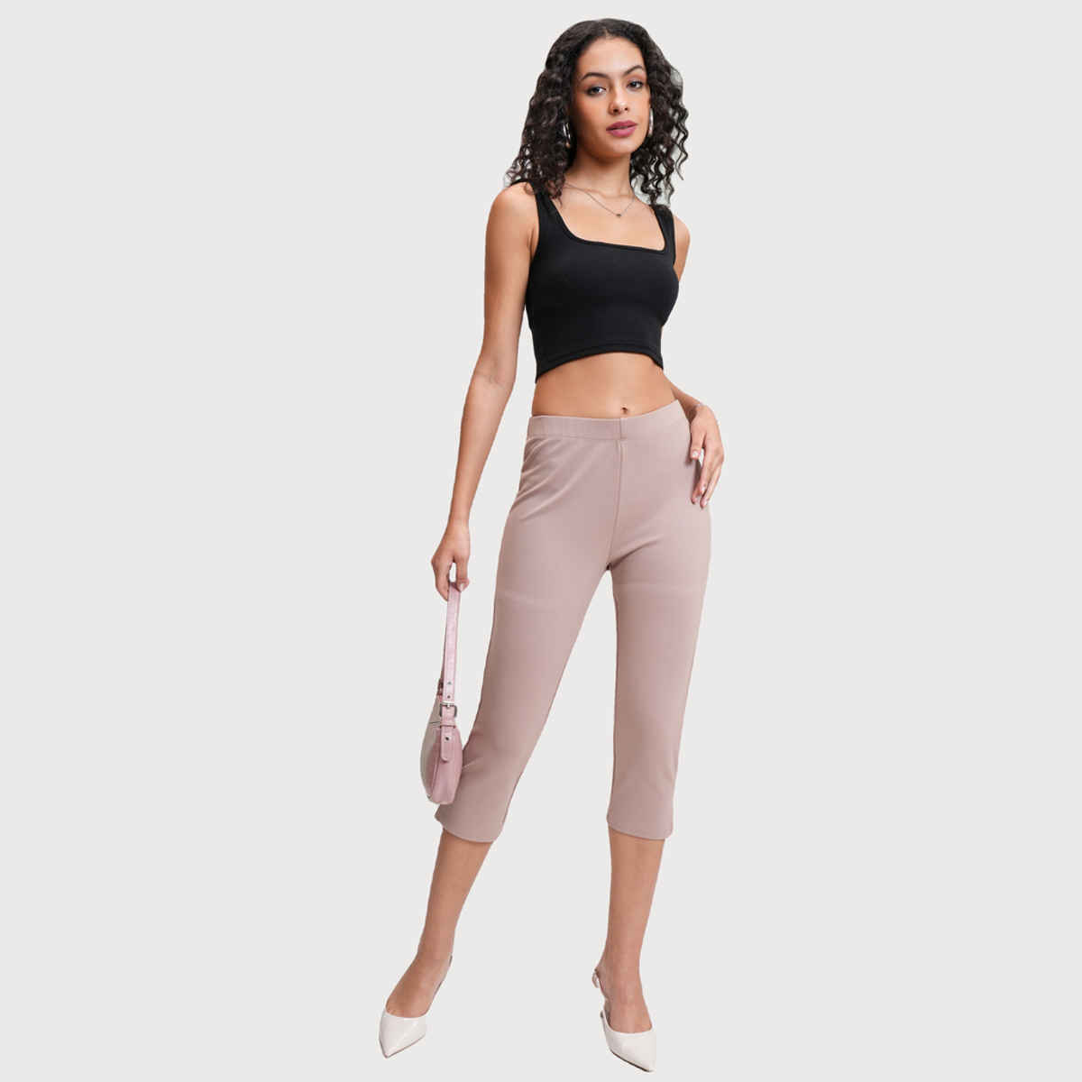 Tokyo Talkies Women's Taupe Solid Stretchy Capri Pants with Slits | Grey - 32