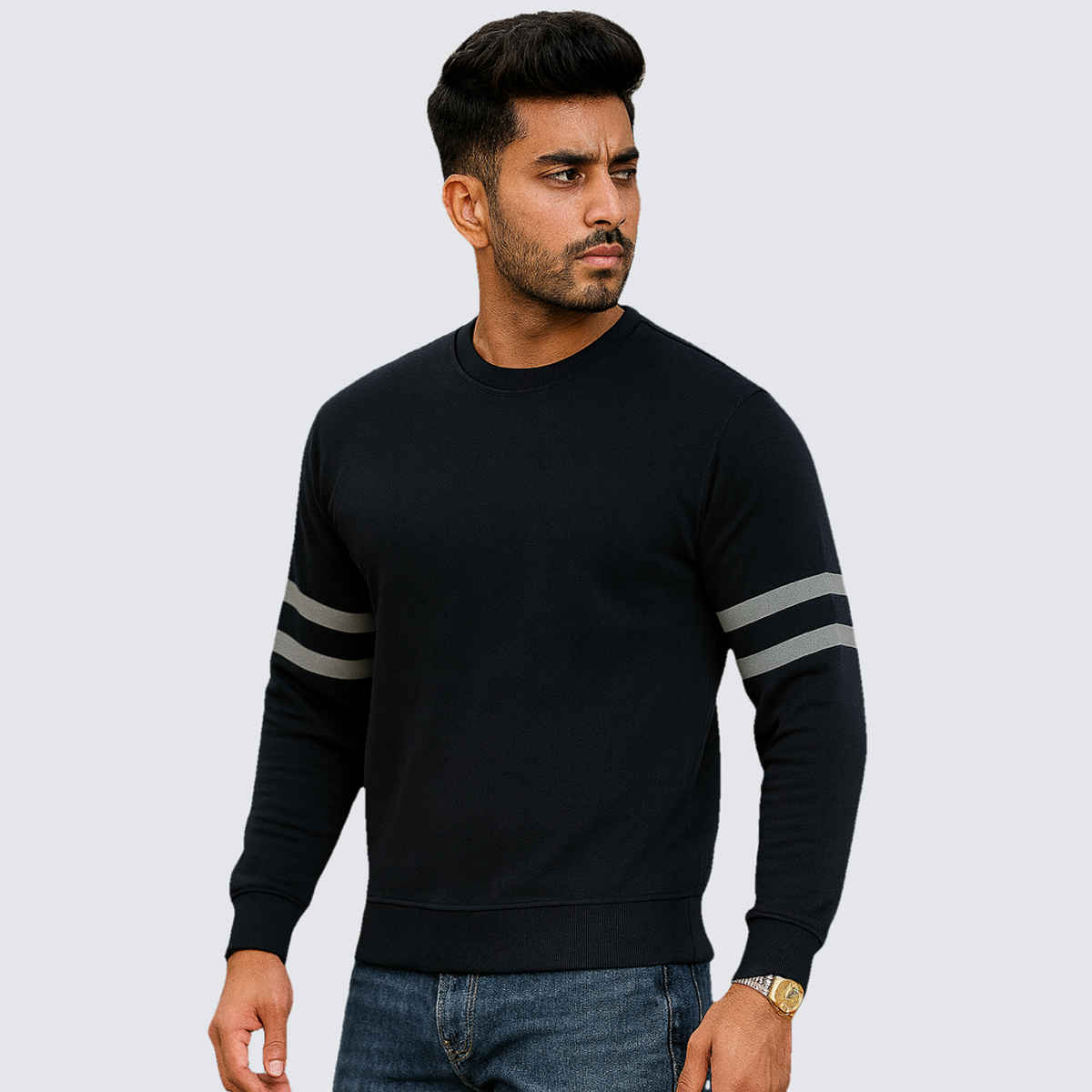 Gcyx Men's Stripe Sleeve Sweat Shirt | 70% Cotton and 30% Polyester | Black - XXL