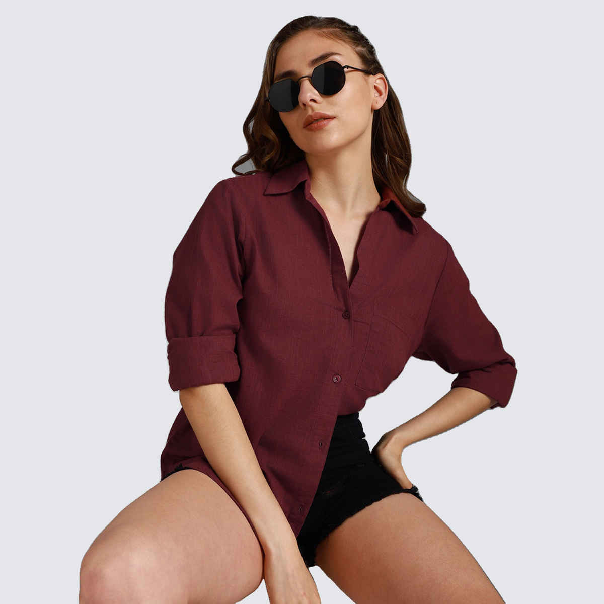 High Star Women Maroon Classic Spread Collar Long Sleeves Cotton Casual Shirt (Size-L)
