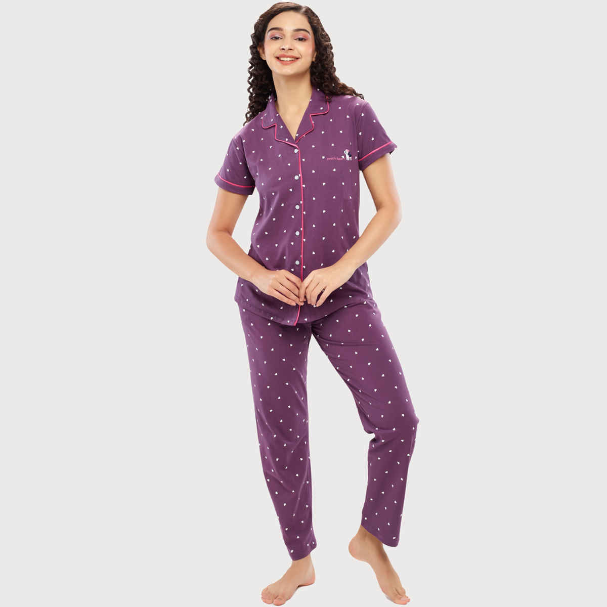 Zeyo Women's Cotton Heart Printed Stylish Night Suit Set of Shirt & Pyjama | 5612 Purple-M