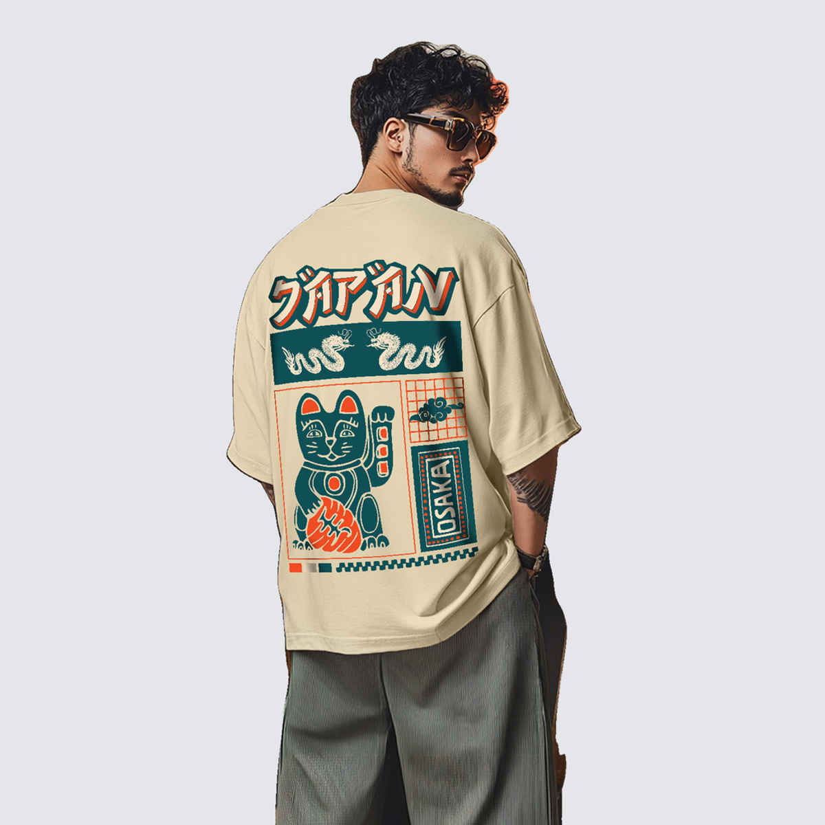 VEIRDO Men's Printed Oversized T-shirt | OS 100 JAPNOSAKA SW | Swan White - L