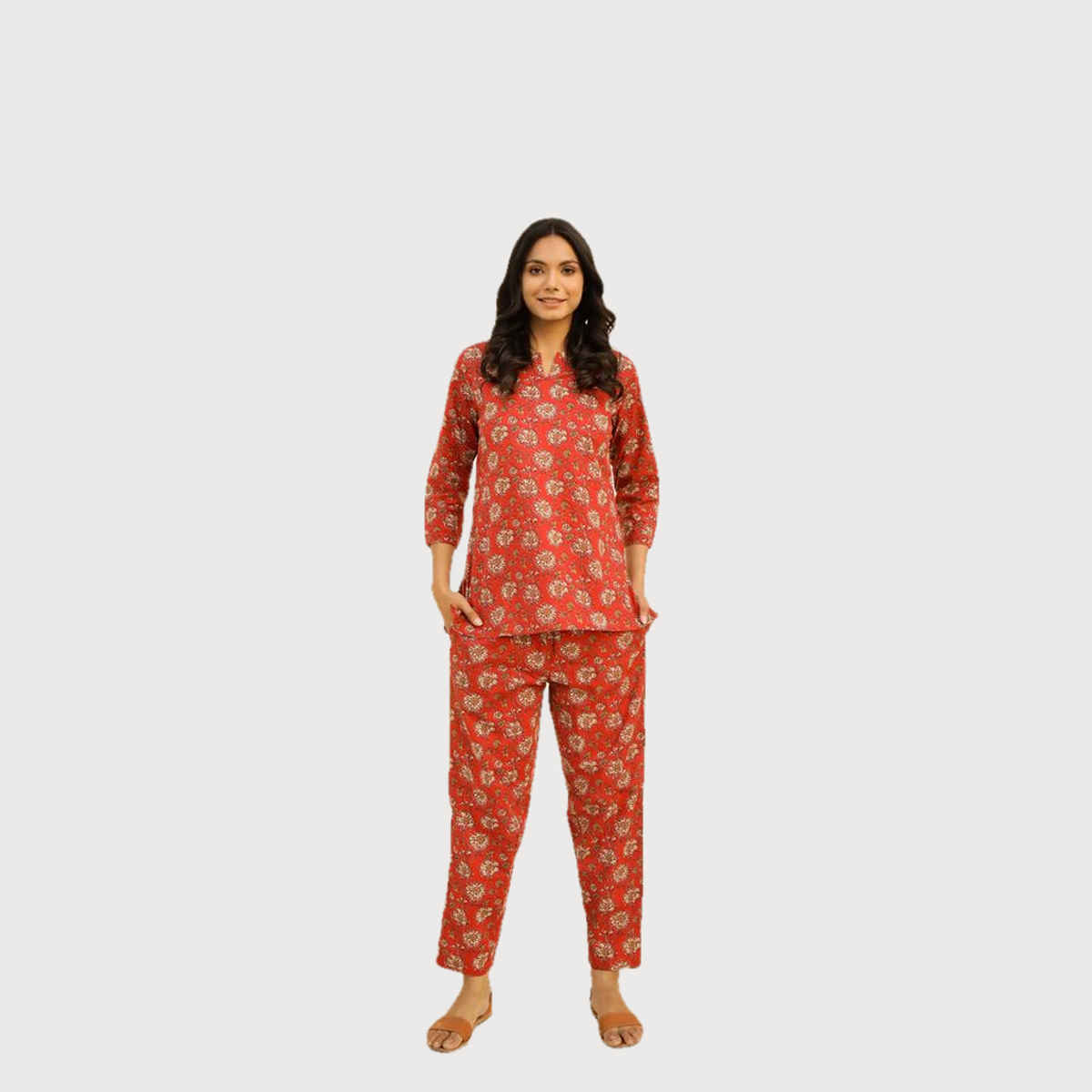 Sanskrutihomes Women's Printed Pure Cotton Night Suit | Red - M