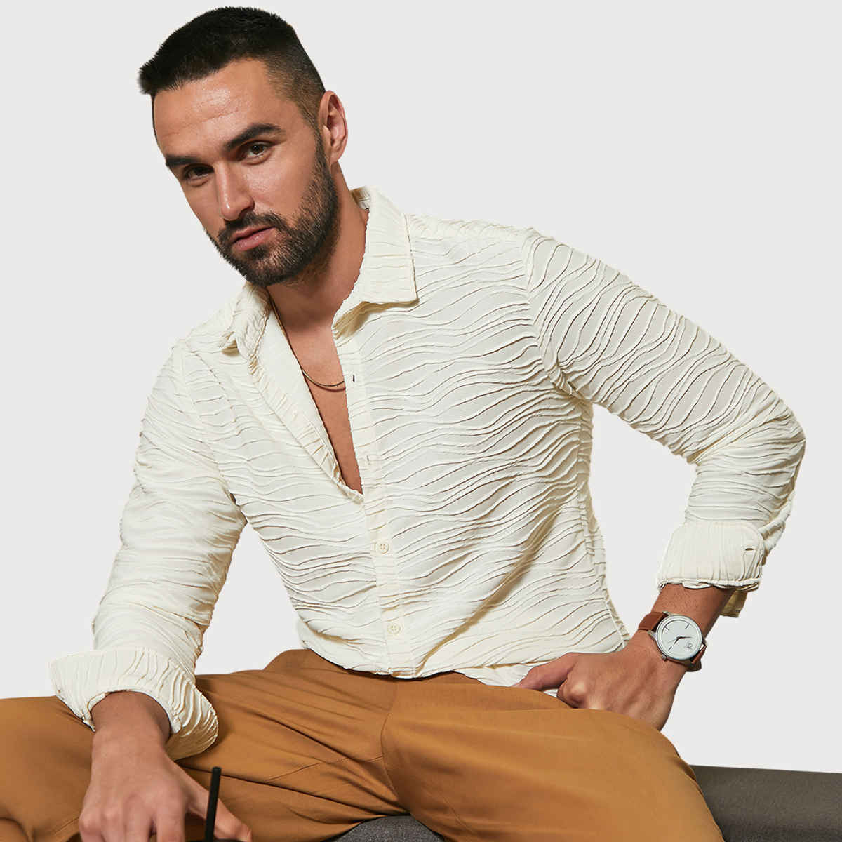 Campus Sutra Men's Self-Design Wave Shirt | White - S