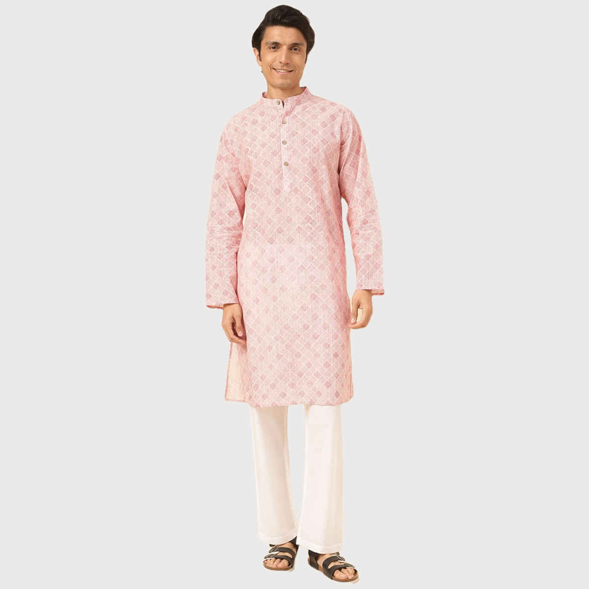 Fabindia Men's Long Kurta Hand Block Printed | Pink - L