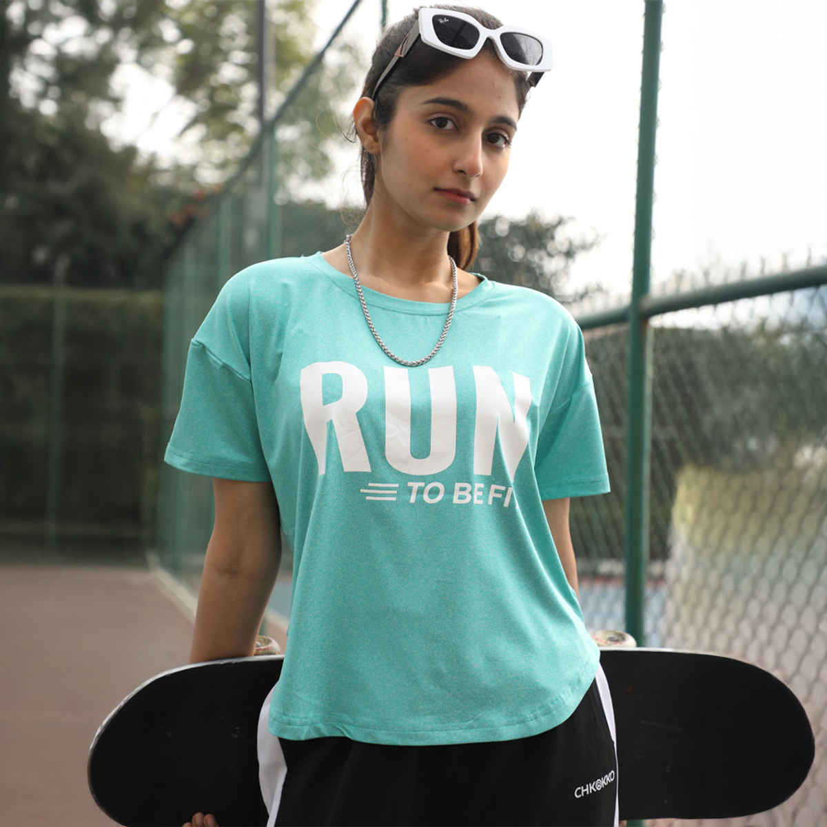 Chkokko Women's Round Neck Dry Fit Gym Sports Printed T-shirt | Sea Green - M