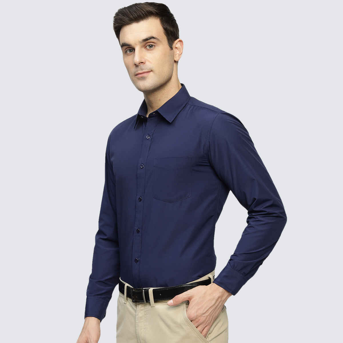 English Navy Men's Polyester Solid Slim Fit Button Closure Formal Shirt | Navy Blue - M