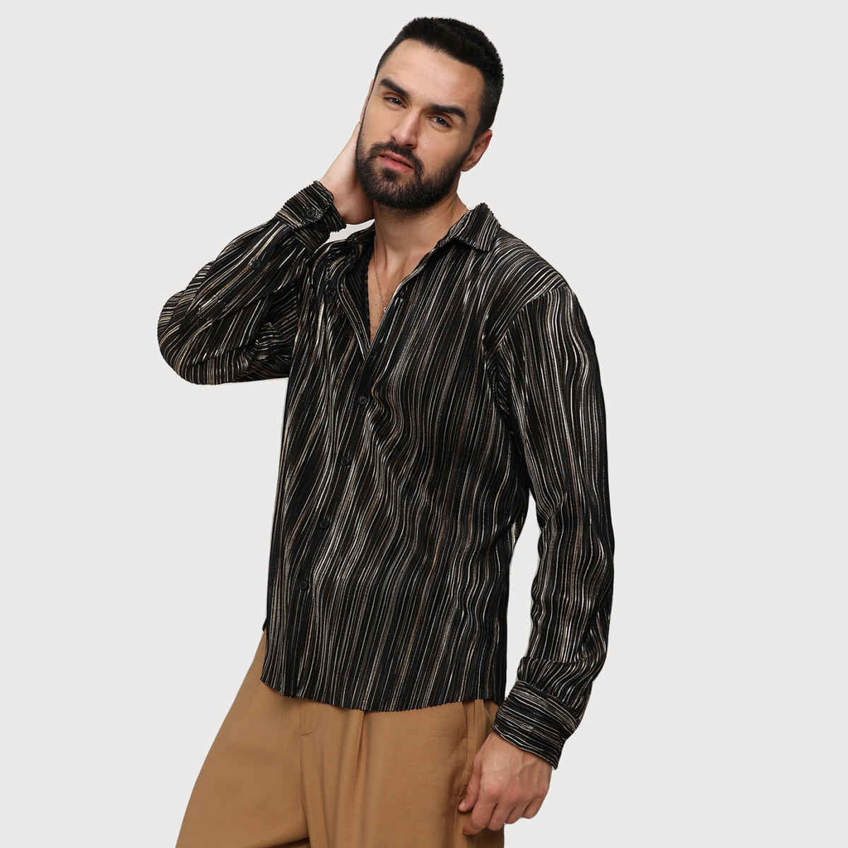 Campus Sutra Men's Pleat - Creased Shirt | Jet Black & Metallic Gold - S