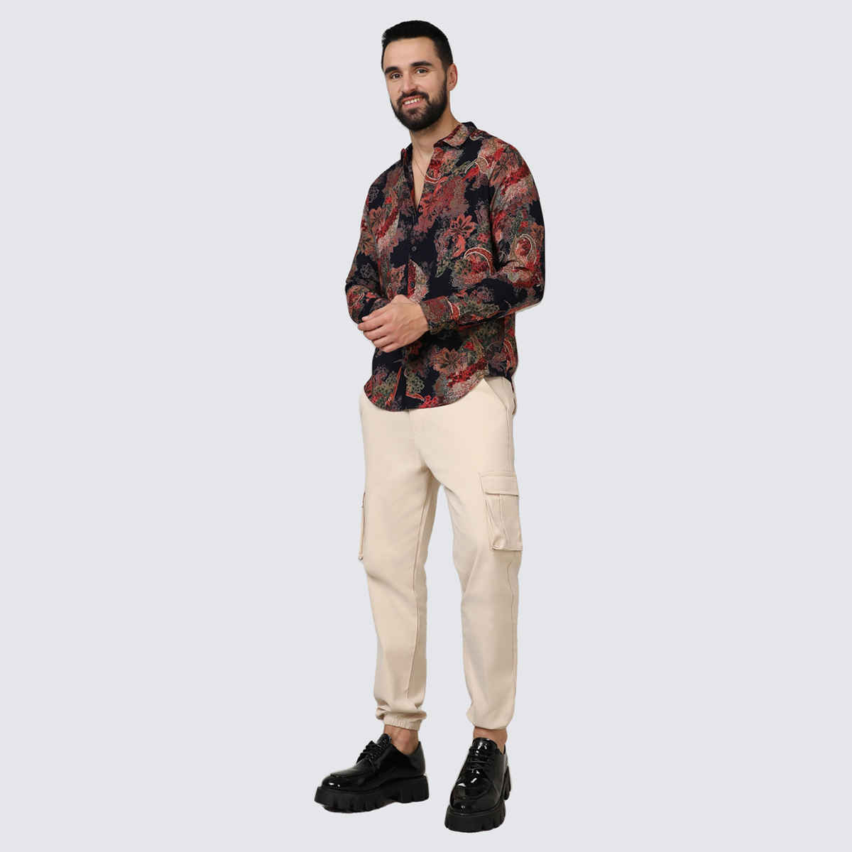 Campus Sutra Men's Paisley Flora Shirt | Crimson Red & Midnight Black - S