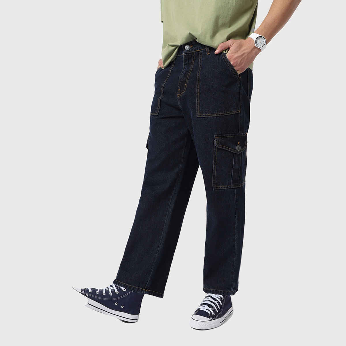 Urbano Fashion Men's Blue Loose Baggy Fit Cargo Jeans With 6 Pockets Non-Stretchable-36