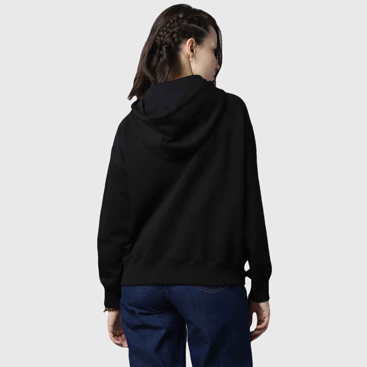 High Star Women's Typography Printed Hooded Pullover Sweatshirt | Black - S