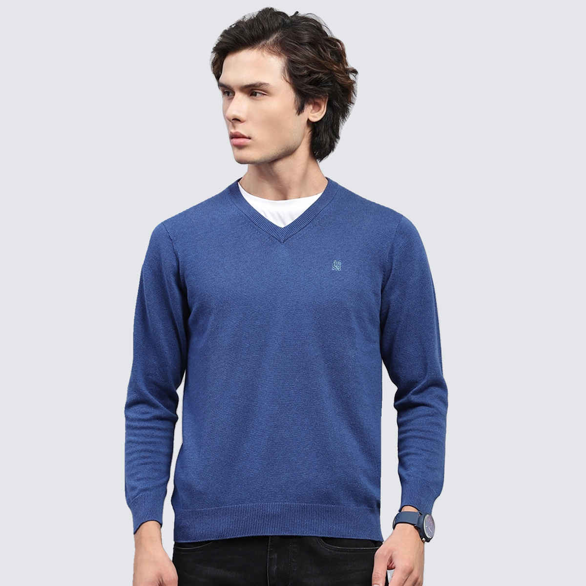 Monte Carlo Mens Blue Solid V Neck Full Sleeve Pullover |1240550Vn-386-40 |L