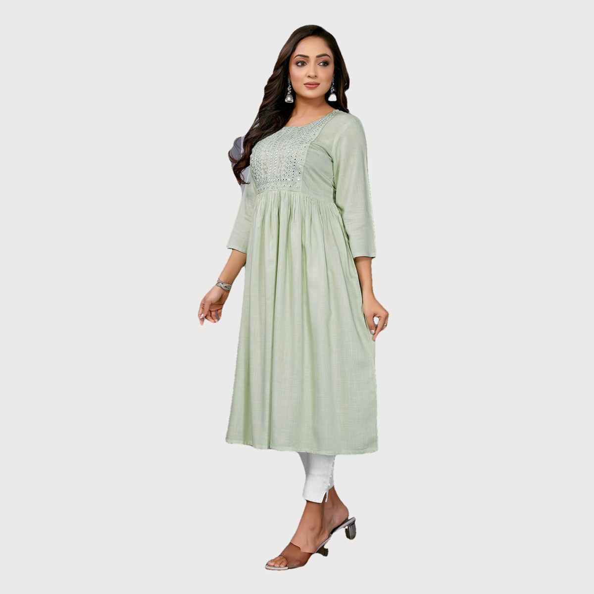 Rangita Women's Rayon Embroidered Flared Calf Length Kurta | Light Green - XL