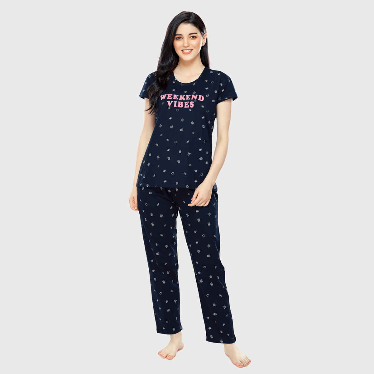 Zeyo Women's Cotton Printed Navy Blue Night Suit Set of Top & Pyjama | 5304-M