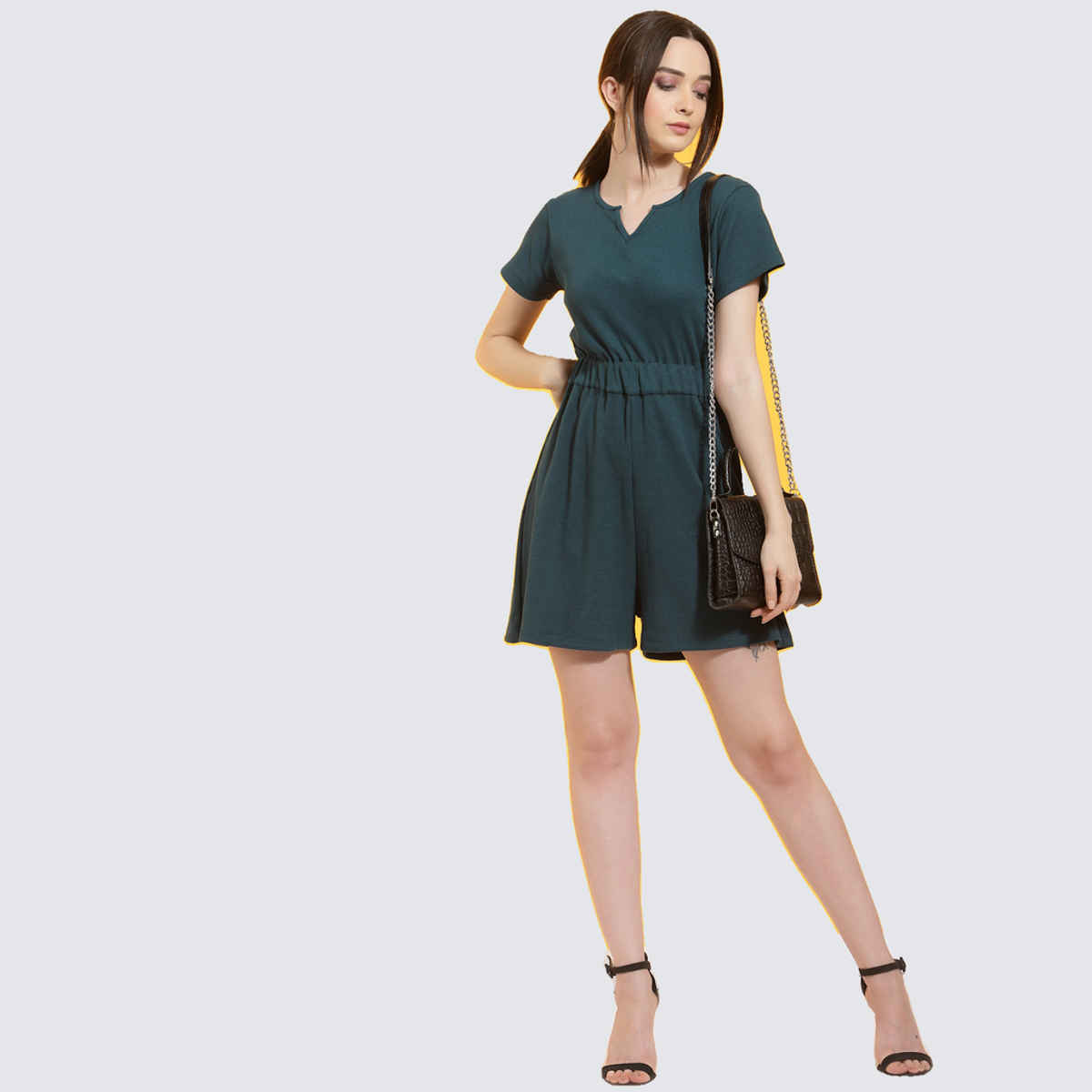 Rigo Women Waffle Knit Playsuit | Teal Green - S