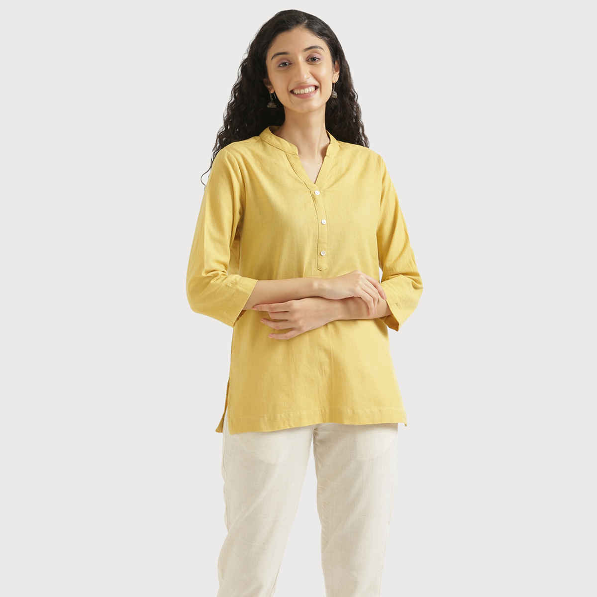 Saadaa Women's Short Airy Linen Kurta | Yellow - S