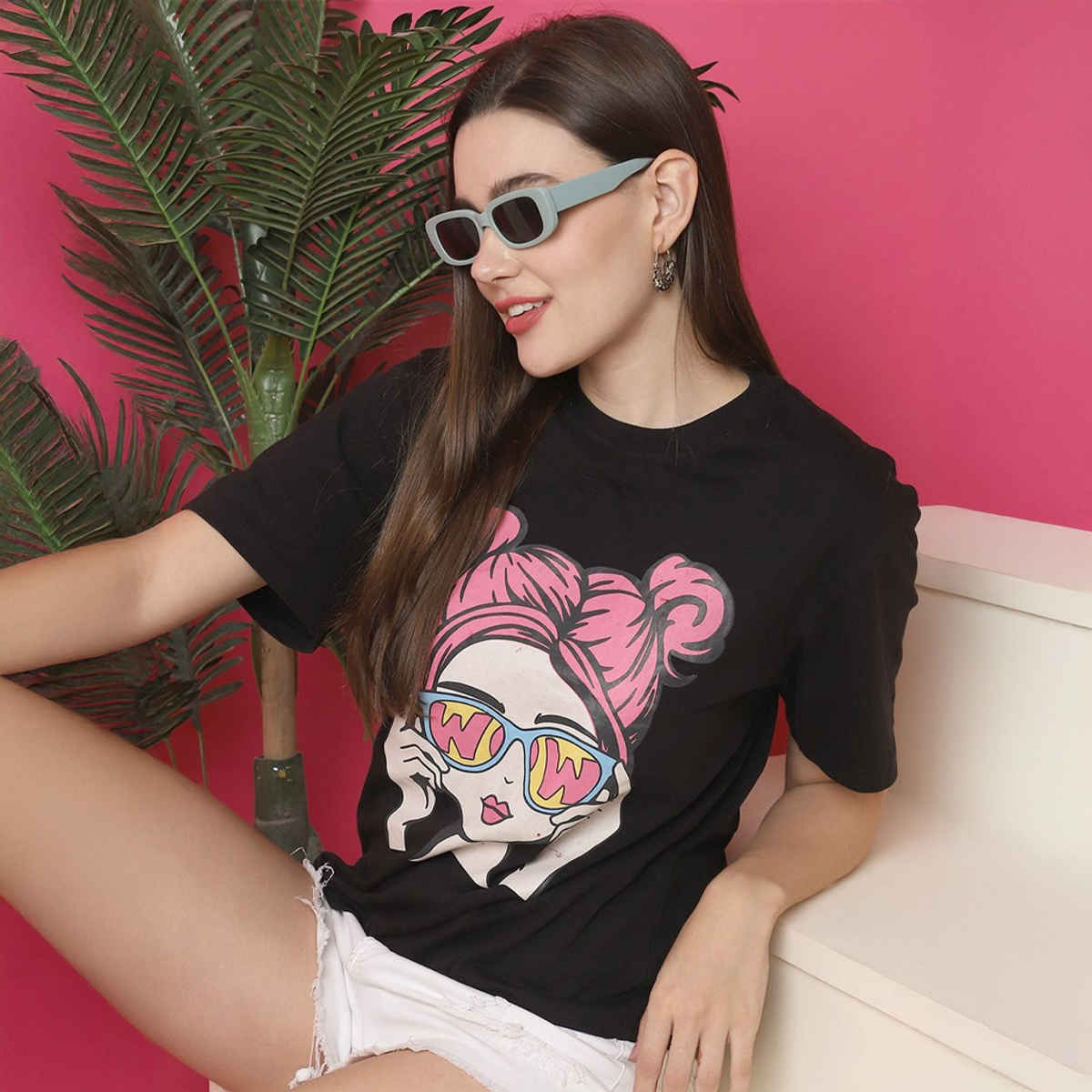 Fabflee Women Oversize Cotton Printed Round Neck Tshirt | Black | FAB-OS-523 | XL