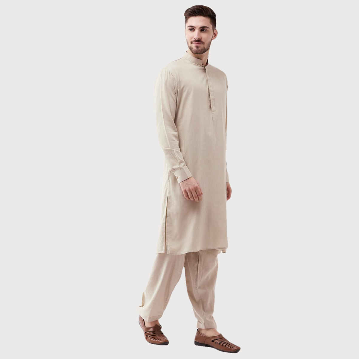 Vastramay Men's Cotton Blend Kurta and Patiala Set | Beige - S
