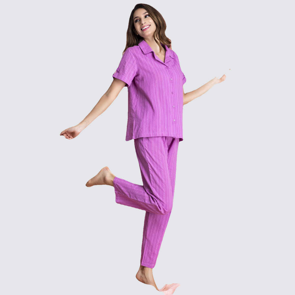Clovia Sassy Stripes Button Down Shirt & Pyjama - Cotton | Purple | L