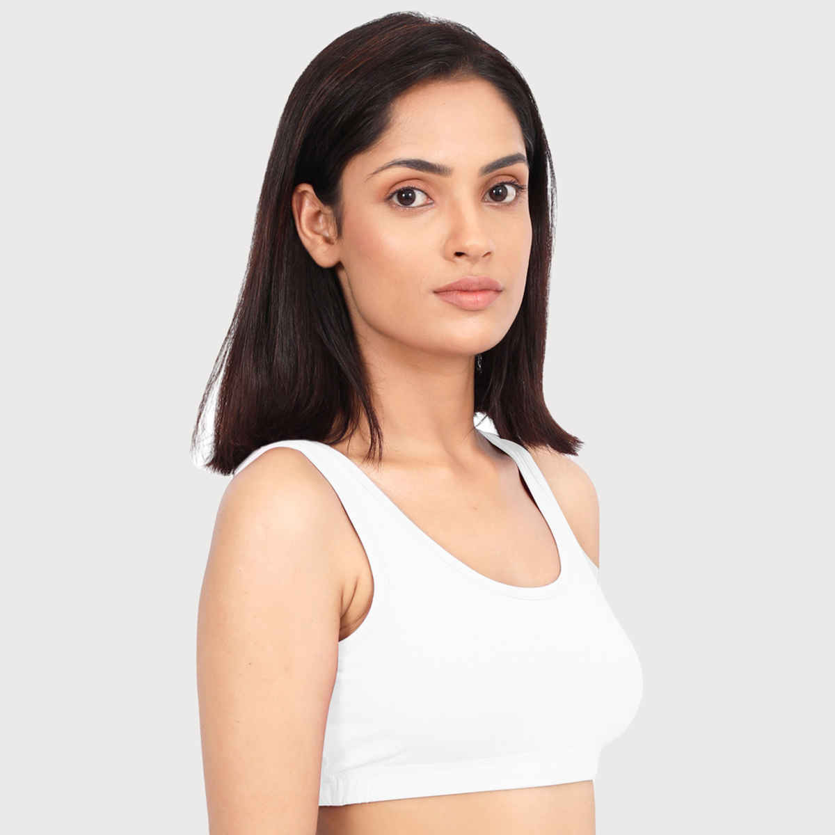 D'Chica Double-Layer Broad Strap Cotton Sports Bra | Non Padded | White | S