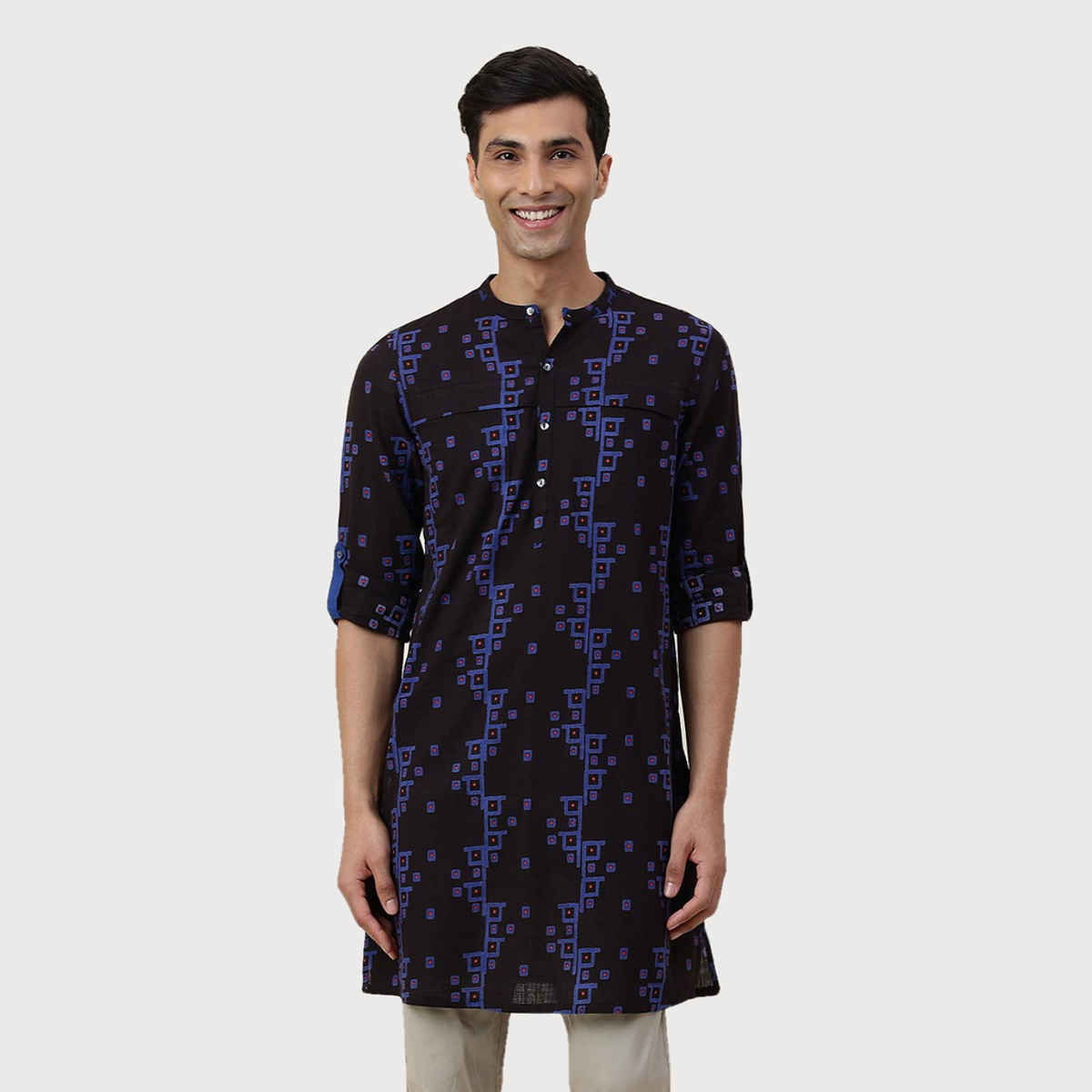 Fabindia Men's Long Kurta Printed Slim Fit | Black - S