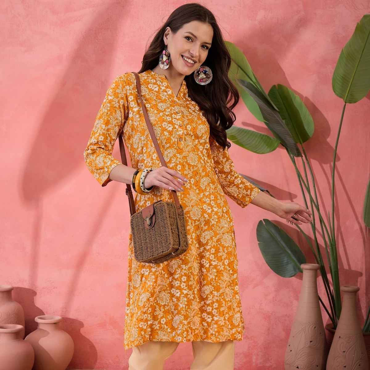 Rangdeep Women s Floral Printed Mandarin Collar Pure Cotton Straight Kurta | Mustard | XL