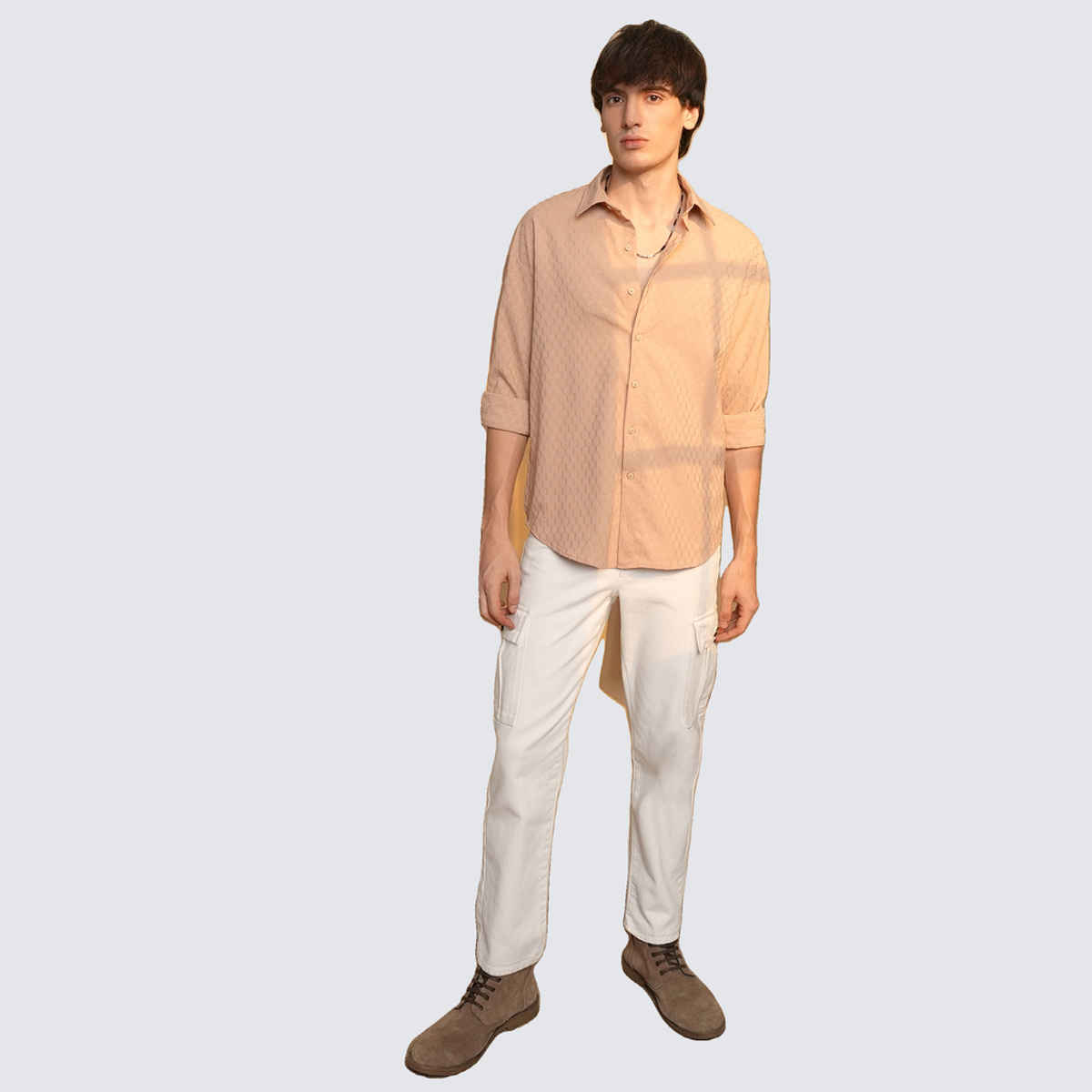 Campus Sutra Men's Honeycomb-Textured Oversized Shirt | Beige - XL