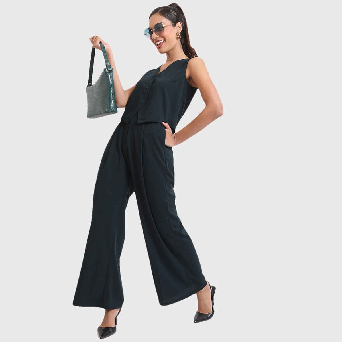 Ketch Women Sleeveless Waistcoat Wide Leg Trousers Co-ords | Blue | L