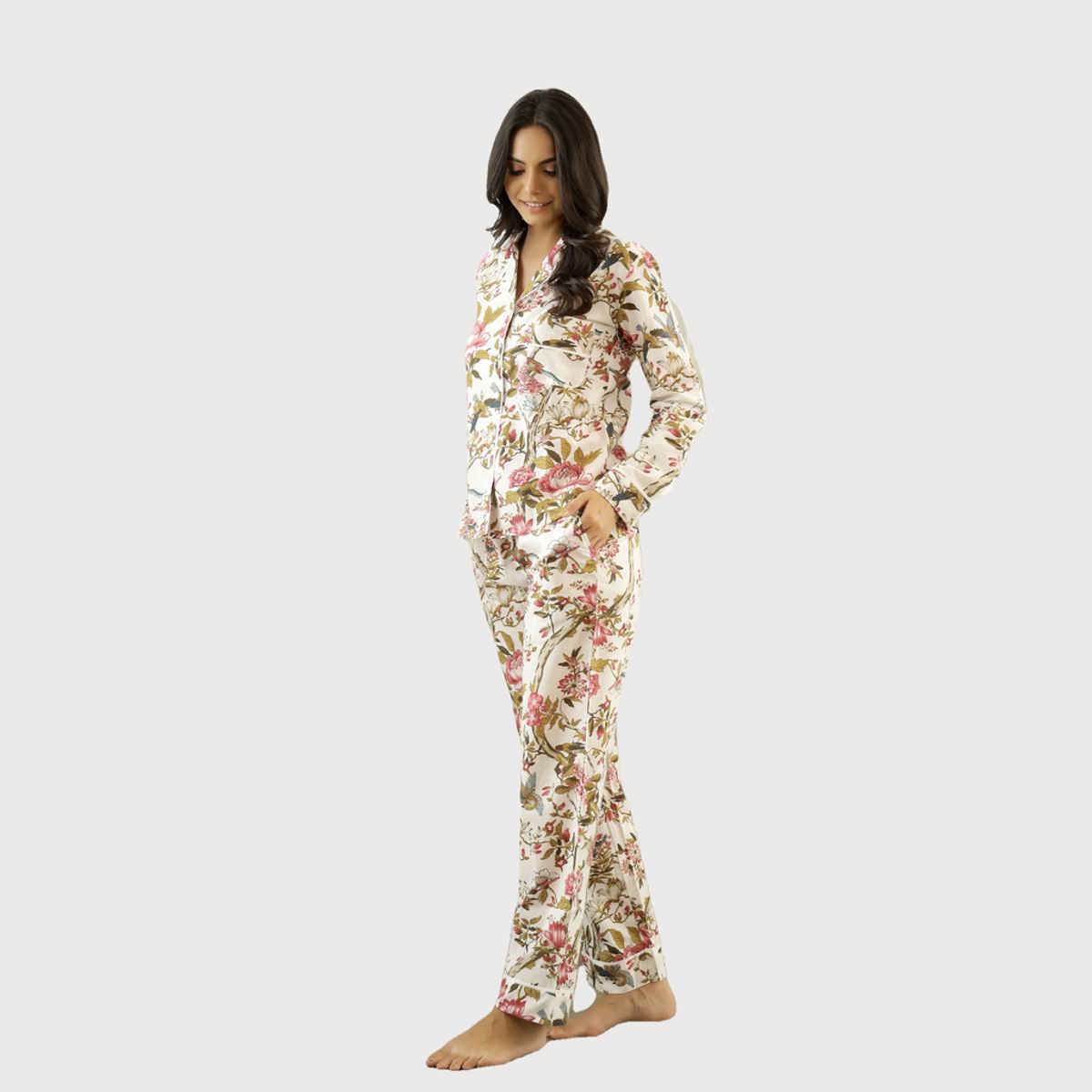 Sanskrutihomes Women's Printed Cotton Night Suit | White - S