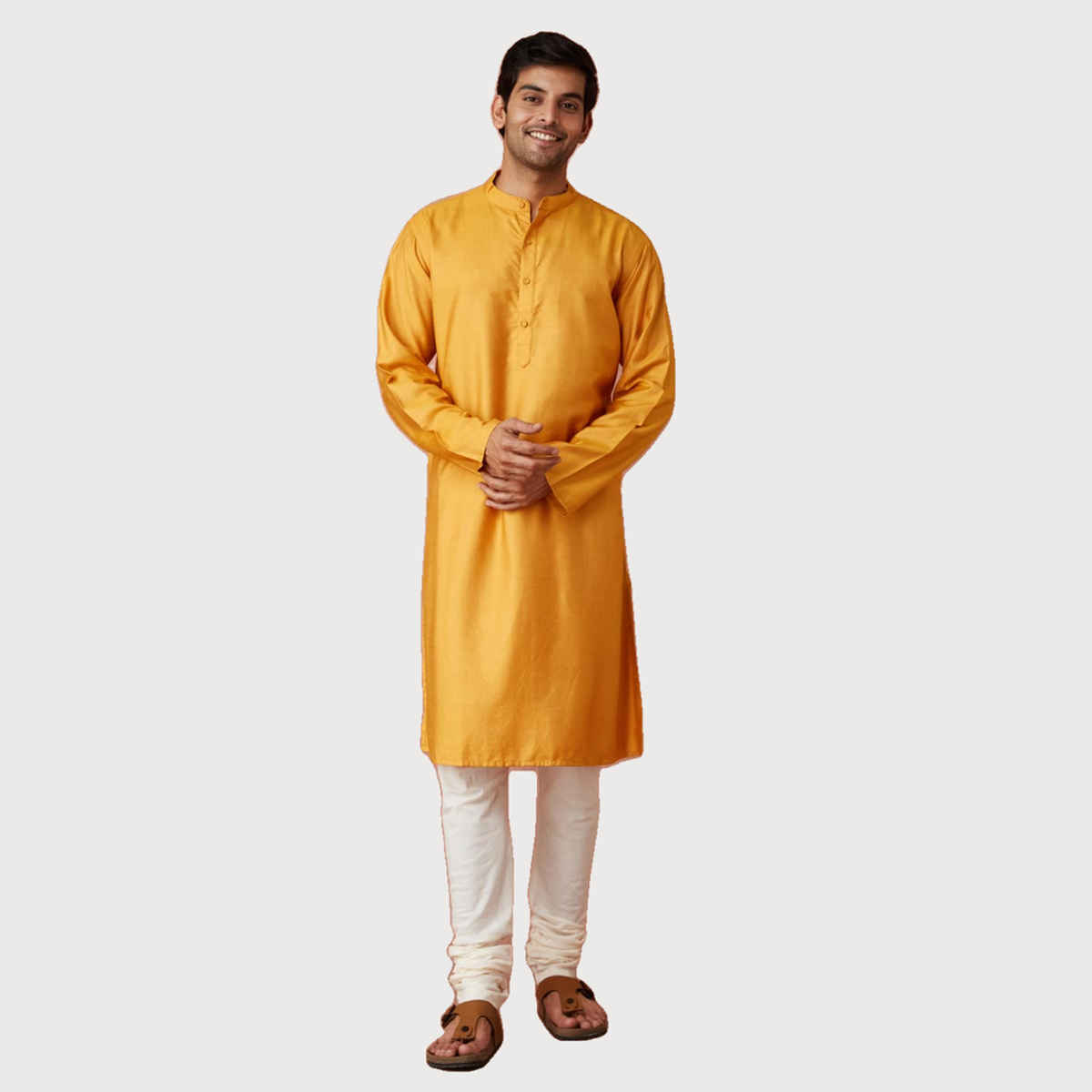 Fabindia Men's Long Kurta Comfort Fit Viscose Silk | Yellow - XS