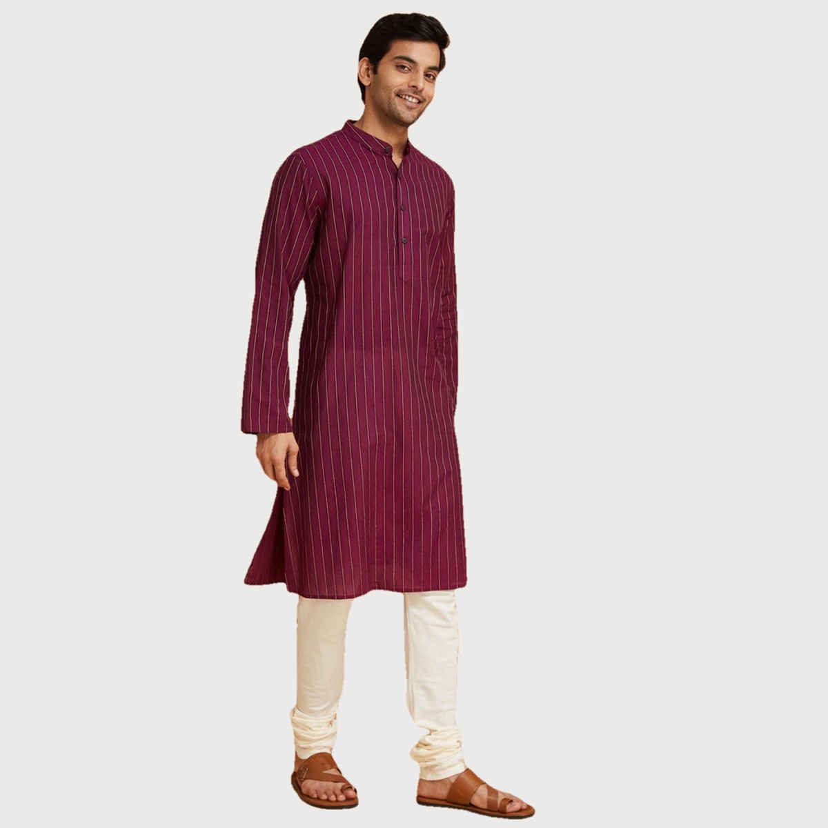 Fabindia Men's Long Kurta Cotton Dobby | Purple - XL