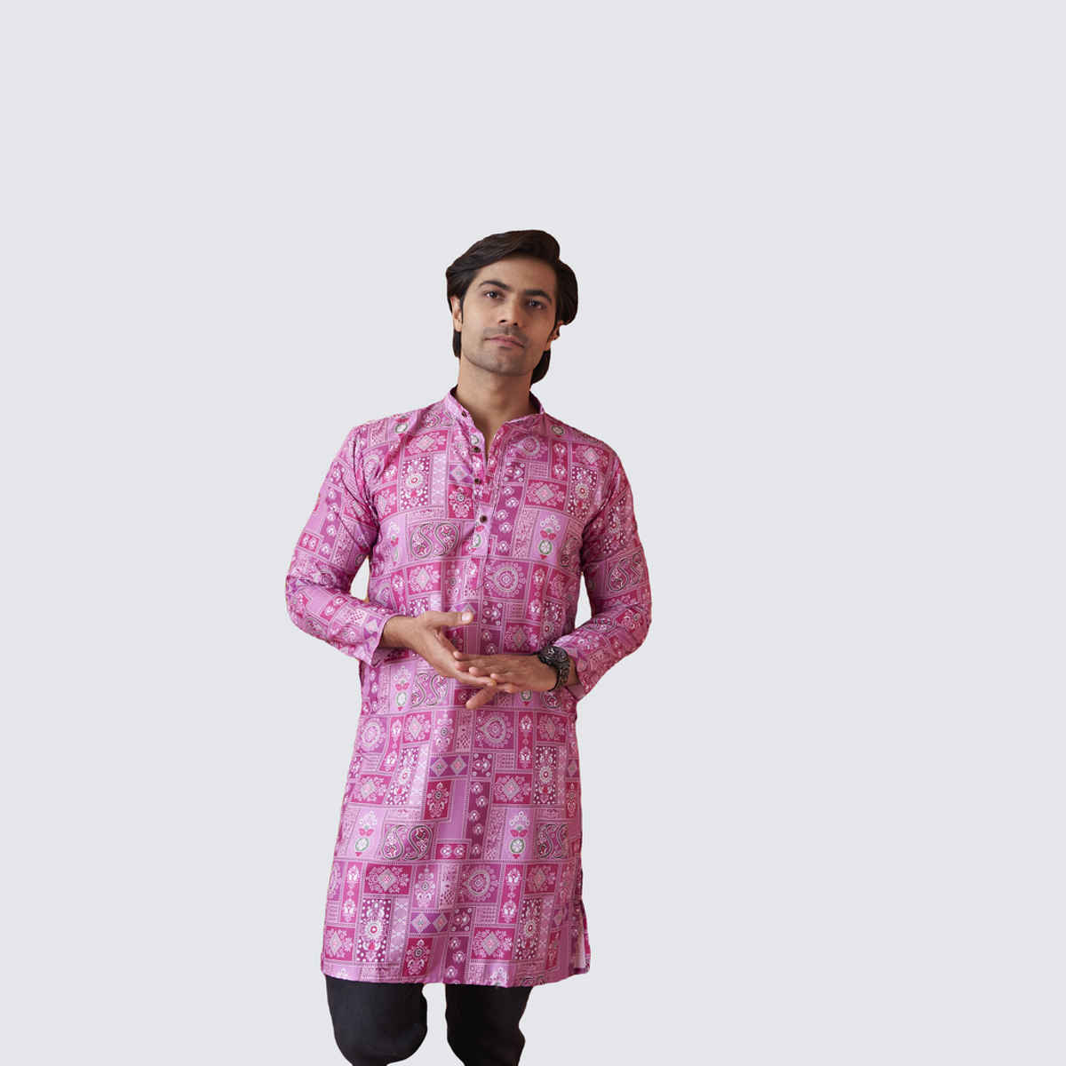 House Of Festivals Men's Printed Cotton Blend Long Kurta | Purple - S