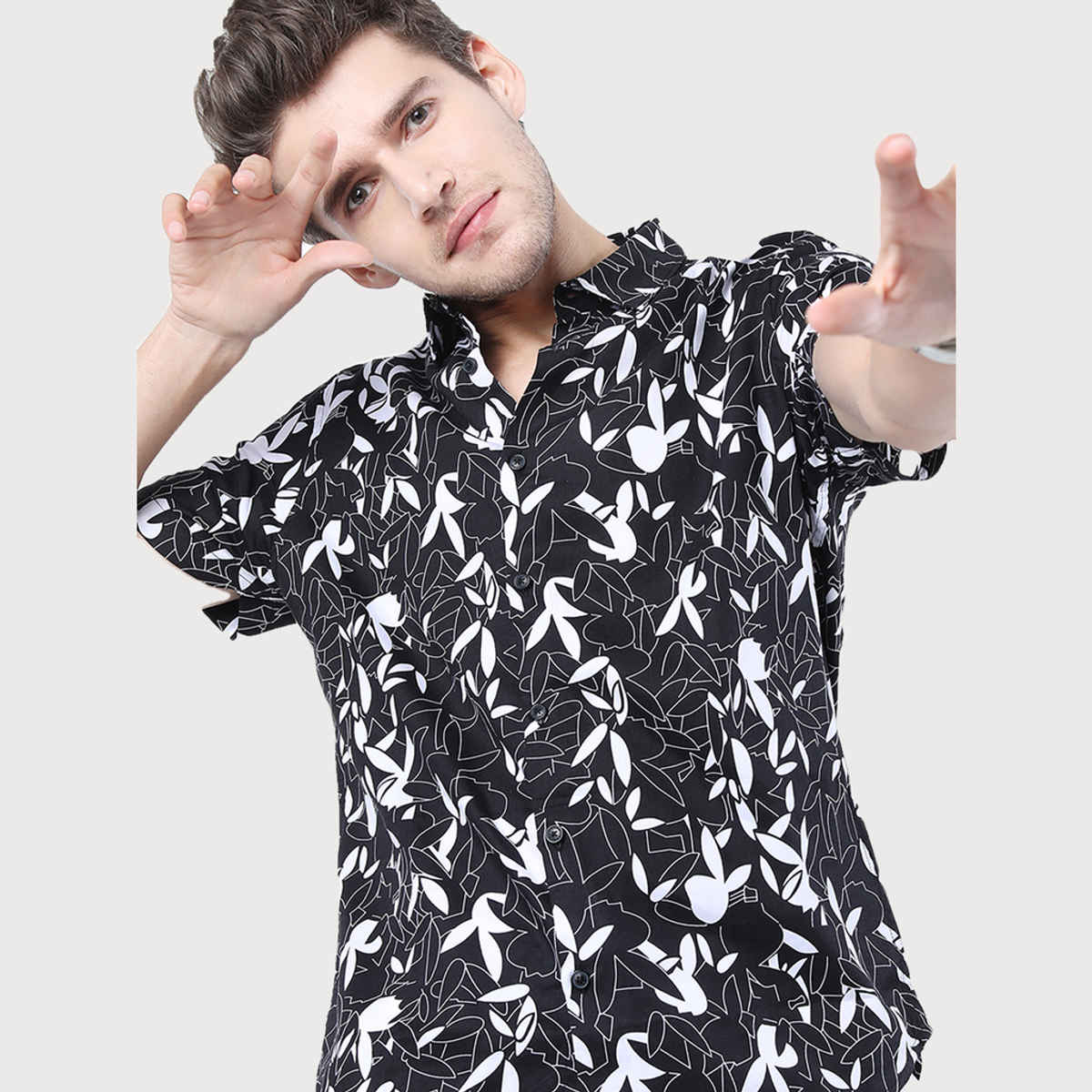 Ketch Mens Printed Casual Slim Fit Shirt | Black/White - L
