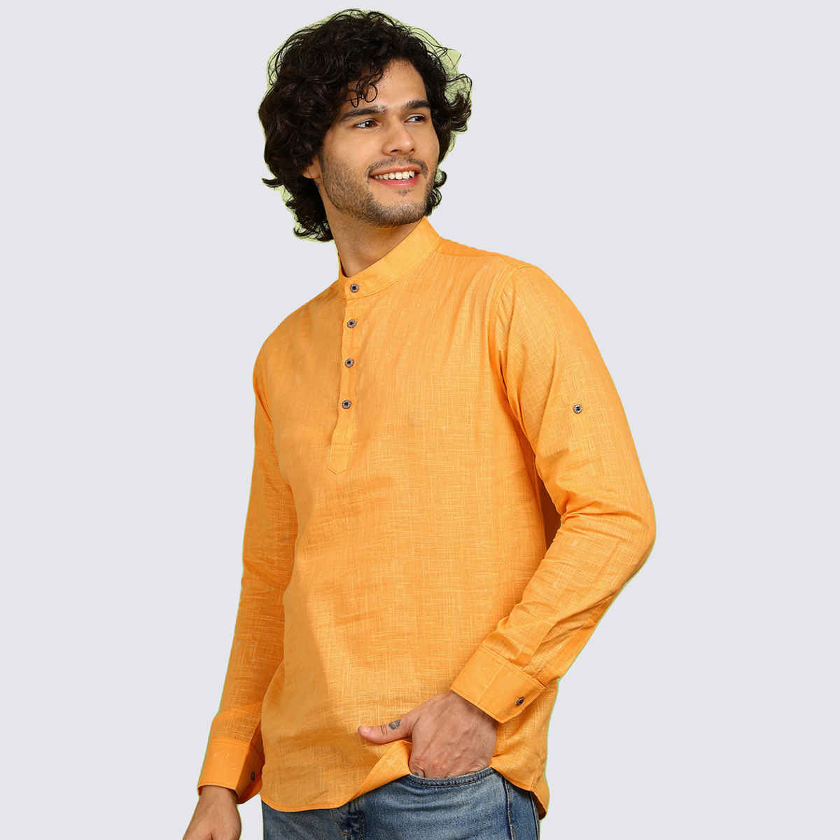 Allan Peter Men's Solid Short Kurta | Yellow - 2XL