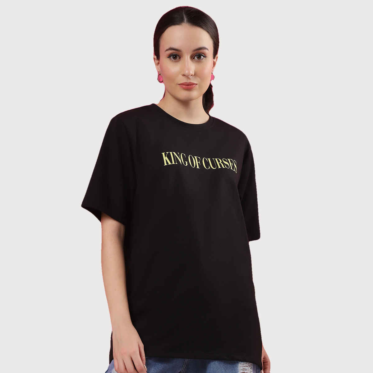 Rigo Women Terry Oversized Printed T-shirt | Black - L