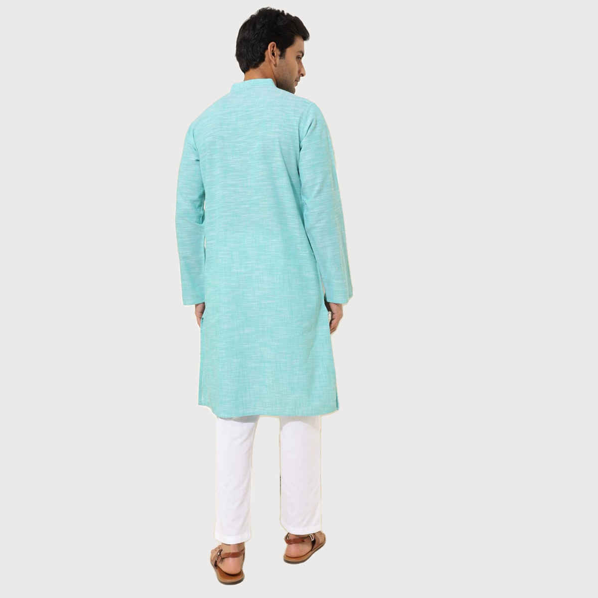 Fabindia Men's Long Kurta Cotton Woven Slim Fit | Teal - XS