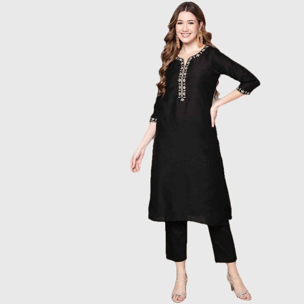Anubhutee Women's Ethnic Motifs Embroidered Kurta with Trousers | Black - S